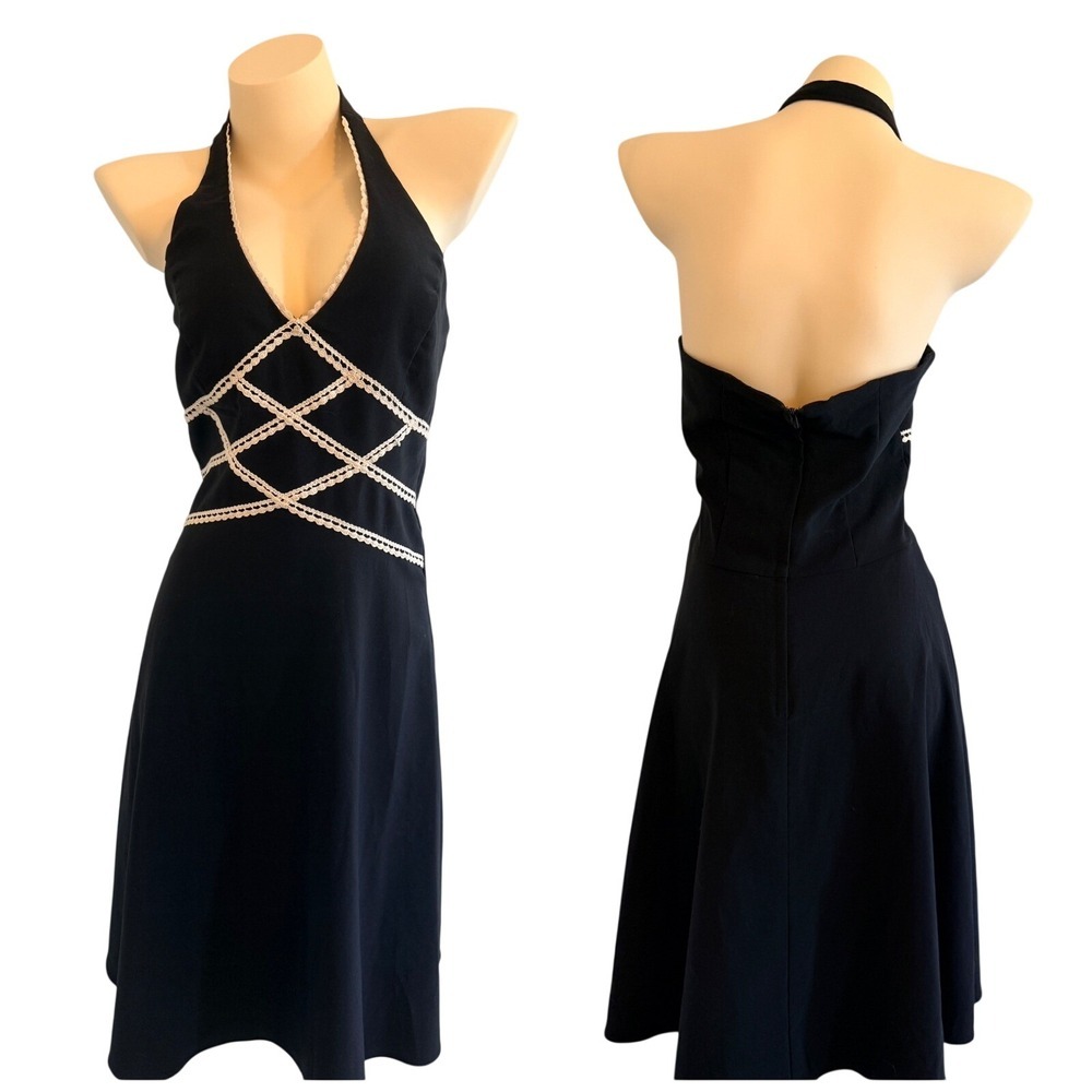 Vintage Byer Too Black Halter Dress Size 11 Crochet Trim V-Neck Backless 90s Y2K